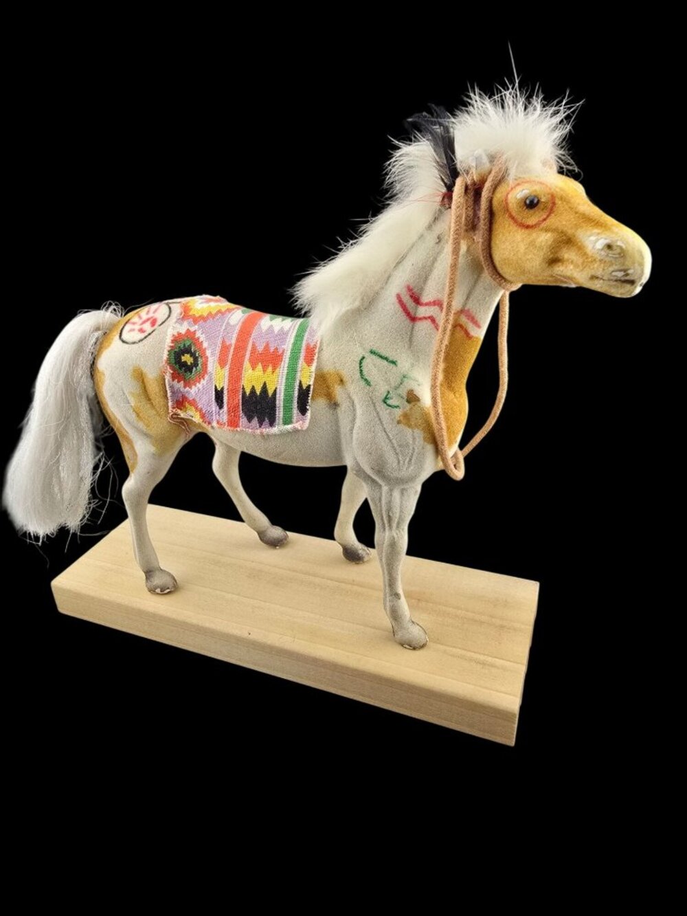 Handcrafted Native American Horse Figurine Painted Details & Feather Accents - Picture 3 of 13